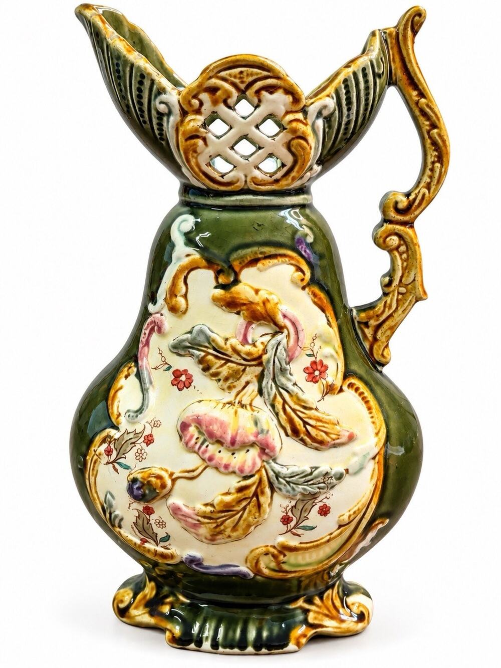 Antique Majolica Vase Ewer Floral Relief Green Glaze Ornate 10”